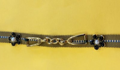画像4: 帯締め　カーキベージュラインｘビット、黒花　1点物
