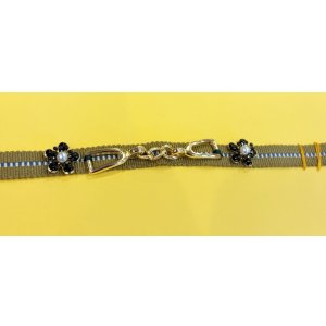 画像: 帯締め　カーキベージュラインｘビット、黒花　1点物